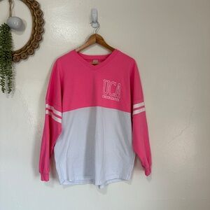 Vintage UCA Cheerleader Long Sleeve T Shirt, V Neck, Pink and White, Size Medium